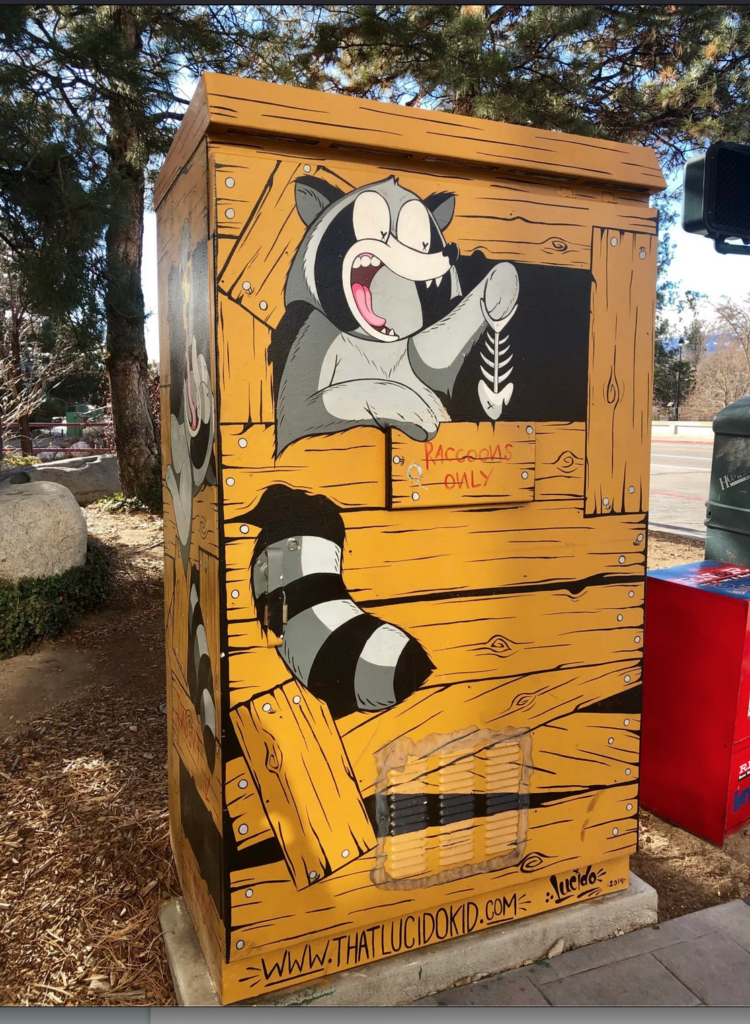 Mike Lucido’s Rad Raccoon character is painted on a downtown Reno signal box. Photo: Josie Glassberg